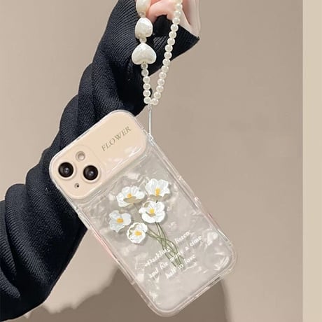 【お取り寄せ商品】iPhoneケース iPhone13 iPhone14 iPhone15 ケース フラワー レンズカバー ミラー付き ストラップ付き シェルシート かわいい レトロ L6783