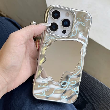 【お取り寄せ商品】iPhoneケース スマホケース iPhone16 iPhone15 iPhone14 かわいい ミラー付き 韓国 ブルー リボン L9848