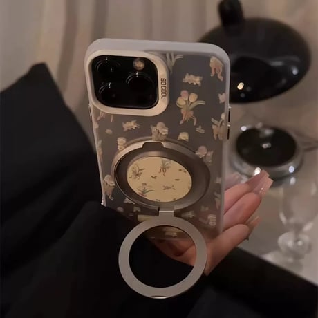 【お取り寄せ商品】iPhoneケース スマホケース iPhone16 iPhone15 iPhone14 大人可愛い 花柄 スタンド シルバー ブラック L9424