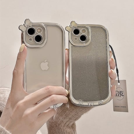 【お取り寄せ商品】iPhoneケース スマホケース iPhone15 iPhone14 メッキフレーム グリッターシート付き 透明 リボンカメラフレーム シンプル かわいい 韓国風 L7482