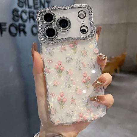 【お取り寄せ商品】iPhoneケース スマホケース iPhone17 iPhone16 iPhone15 チューリップ ストーン キラキラ ウェーブ M7103
