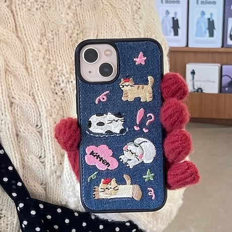 【お取り寄せ商品】iPhoneケース スマホケース iPhone16 iPhone15 ぬいぐるみ 猫 韓国っぽ 可愛い デニム M7022