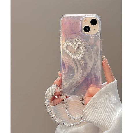 【お取り寄せ商品】iPhoneケース スマホケース iPhone15 iPhone14 フェザーパターン 立体 ハート パールハート ハンドストラップ付き きれいめ 大人かわいい 韓国 L7856