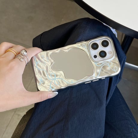 【お取り寄せ商品】iPhoneケース スマホケース iPhone16 iPhone15 iPhone14 かわいい ミラー付き 韓国 ブルー リボン L9848