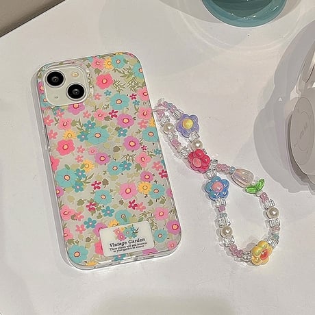 【お取り寄せ商品】iPhoneケース スマホケース iPhone15 iPhone14 ストラップ付き ビーズストラップ カラフル フラワー 花柄 レトロ かわいい 韓国 L7788