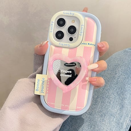 【お取り寄せ商品】iPhoneケース スマホケース iPhone15 iPhone14 グリップ付き ハート ミラー ストライプ パステルカラー レザー風 かわいい 韓国 L7462
