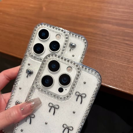 【お取り寄せ商品】iPhoneケース スマホケース iPhone16 iPhone15 iPhone14 キラキラ リボン ハート ストーン付き L9856