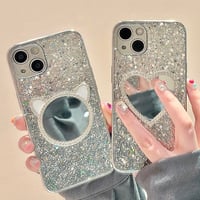 【お取り寄せ商品】iPhoneケース スマホケース iPhone15 iPhone14 ミラー付き 鏡 ハート ネコ グリッター メッキフレーム シンプル かわいい 韓国 L7725