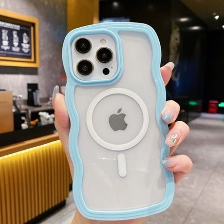 【お取り寄せ商品】iPhoneケース スマホケース iPhone15 iPhone14 パステルカラー ウェーブ うねうね 透明 ワイヤレス充電 Magsafe シンプル かわいい L7415