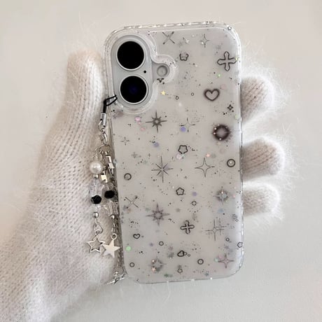 【お取り寄せ商品】iPhoneケース スマホケース iPhone16 iPhone15 iPhone14 シンプル 可愛い キラキラ柄 チャーム付き L9522