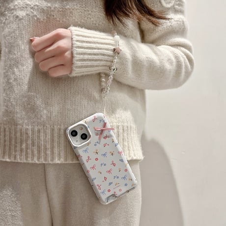 【お取り寄せ商品】iPhoneケース スマホケース iPhone15 iPhone14 カードホルダー付き カード入れ ストラップ付き リボン 花柄 かわいい 韓国 L7777