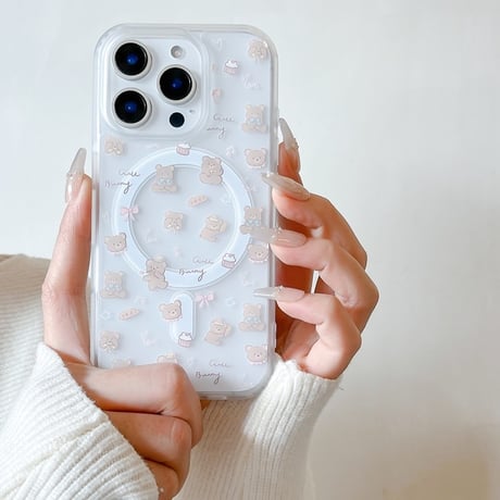 【お取り寄せ商品】iPhoneケース スマホケース iPhone16 iPhone15 iPhone14 可愛い スモーキーカラー クリア くま柄 MagSafe L9331