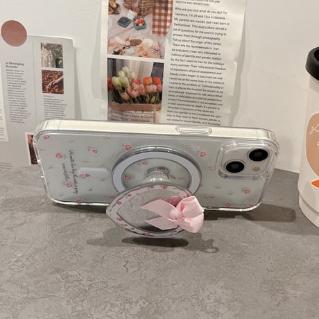 【お取り寄せ商品】iPhoneケース スマホケース iPhone15 iPhone14 Magsafe ワイヤレス充電 磁気 グリップ付き 小花柄 ミラー 透明 ガーリー 韓国 L7928