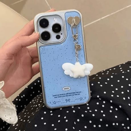 【お取り寄せ商品】iPhoneケース スマホケース iPhone16 iPhone15 iPhone14 可愛い エンジェル スター チャーム付き ブルー L9513