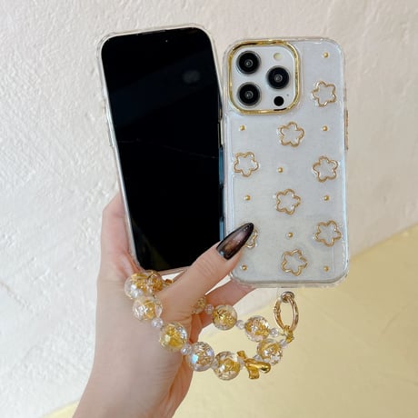 【お取り寄せ商品】iPhoneケース スマホケース iPhone16 iPhone15 iPhone14 可愛い 花 ゴールド ハンドストラップ L9502