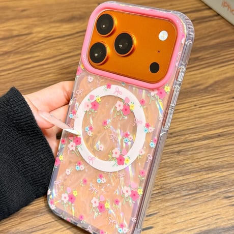 【お取り寄せ商品】iPhoneケース スマホケース iPhone17 iPhone16 iPhone15 Magsafe グリップ付き 花柄 シェル風 M7168
