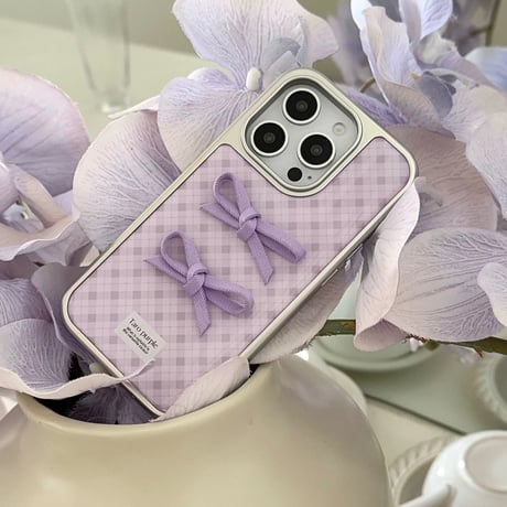 【お取り寄せ商品】iPhoneケース スマホケース iPhone16 iPhone15 iPhone14 かわいい 韓国 パープル チェック柄 リボン おしゃれ L9427