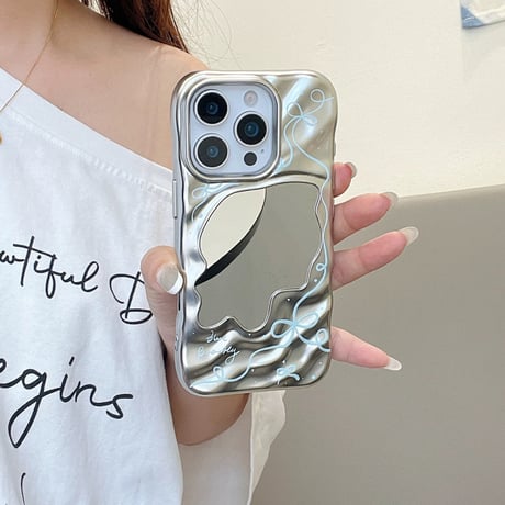 【お取り寄せ商品】iPhoneケース スマホケース iPhone16 iPhone15 iPhone14 かわいい ミラー付き 韓国 ブルー リボン L9848