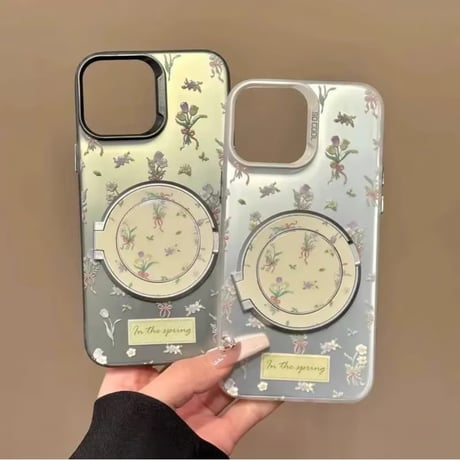 【お取り寄せ商品】iPhoneケース スマホケース iPhone16 iPhone15 iPhone14 大人可愛い 花柄 スタンド シルバー ブラック L9424