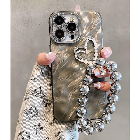 【お取り寄せ商品】iPhoneケース スマホケース iPhone15 iPhone14 ハンドストラップ付き 立体 パールハート 波パターン 波模様 きれいめ 高級感 韓国 L7719