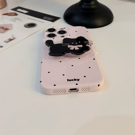 【お取り寄せ商品】iPhoneケース スマホケース iPhone15 iPhone14 黒猫ハンドグリップ 水玉 パステルカラー L7981