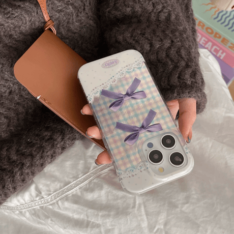 【お取り寄せ商品】iPhoneケース スマホケース iPhone16 iPhone15 iPhone14 かわいい チェック柄 リボン L9285
