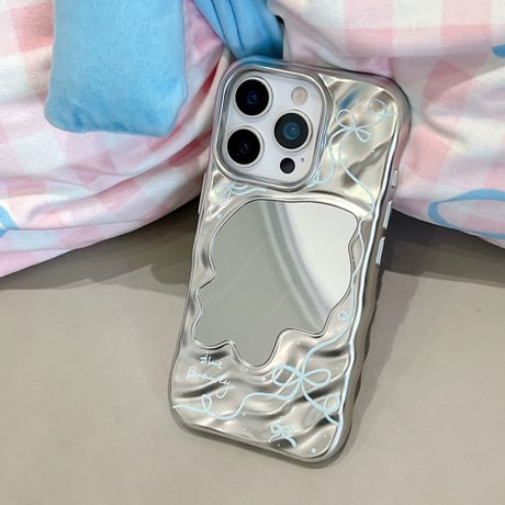 【お取り寄せ商品】iPhoneケース スマホケース iPhone16 iPhone15 iPhone14 かわいい ミラー付き 韓国 ブルー リボン L9848