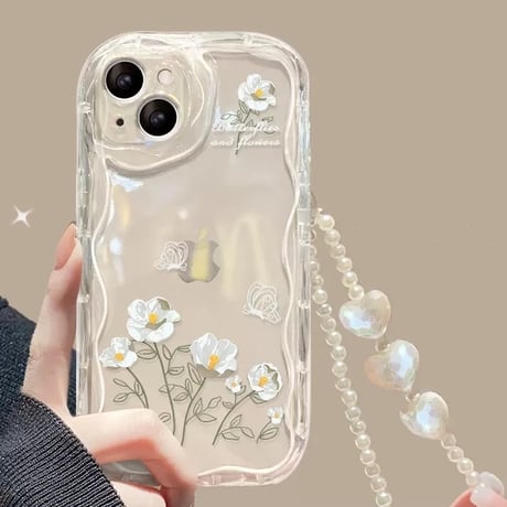 【お取り寄せ商品】iPhoneケース スマホケース iPhone15 iPhone14 フラワー 花柄 デイジー ストラップ付き シェルパターンシート 透明 ウェーブ かわいい 韓国 L7891