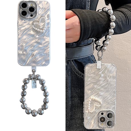 【お取り寄せ商品】iPhoneケース スマホケース iPhone15 iPhone14 ハンドストラップ付き 立体 パールハート 波パターン 波模様 きれいめ 高級感 韓国 L7719