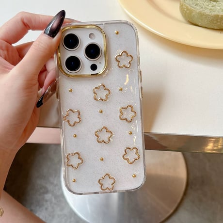 【お取り寄せ商品】iPhoneケース スマホケース iPhone16 iPhone15 iPhone14 可愛い 花 ゴールド ハンドストラップ L9502