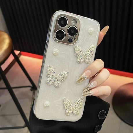 【お取り寄せ商品】iPhoneケース スマホケース iPhone16 iPhone15 iPhone14 大人可愛い パール グリッター 蝶々 Ｌ9461