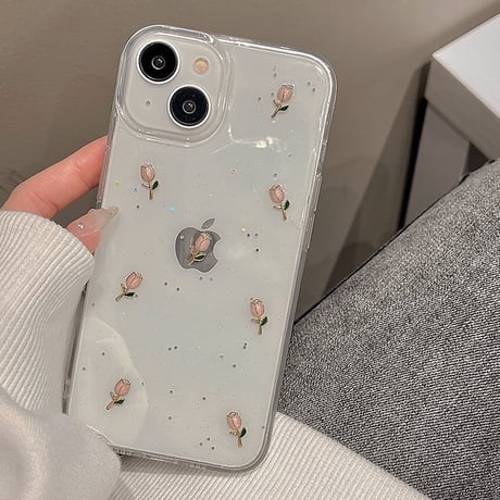 【お取り寄せ商品】iPhoneケース スマホケース iPhone15 iPhone14 立体 チューリップ フラワー 透明 グリッター チャーム付き 清楚 かわいい 韓国 L7823