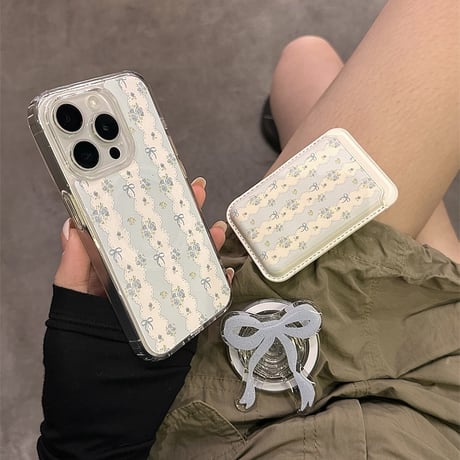 【お取り寄せ商品】iPhoneケース スマホケース iPhone15 iPhone14 花柄 リボン Magsafe カードケース カードホルダー付き グリップ付き ガーリー 韓国 L7825