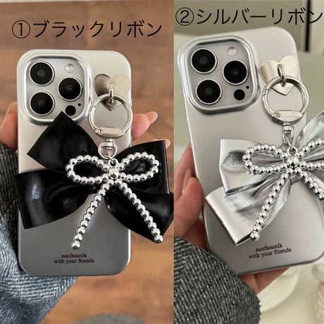 【お取り寄せ商品】iPhoneケース スマホケース iPhone16 iPhone15 iPhone14 大人かわいい 韓国 シルバー リボン チャーム L9392
