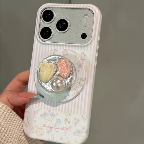 【お取り寄せ商品】iPhoneケース スマホケース iPhone17 iPhone16 iPhone15 Mag safe 花柄 グリップ付き 可愛い 韓国 チューリップ M7165