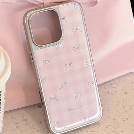 【お取り寄せ商品】iPhoneケース スマホケース iPhone16 iPhone15 iPhone14 可愛い ラブリー ピンク チェック柄 リボン L9504