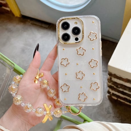 【お取り寄せ商品】iPhoneケース スマホケース iPhone16 iPhone15 iPhone14 可愛い 花 ゴールド ハンドストラップ L9502