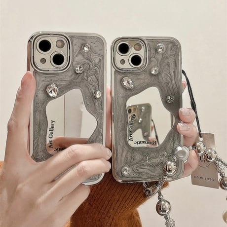 【お取り寄せ商品】iPhoneケース スマホケース iPhone15 iPhone14 かわいい グレー ストーン ミラー L9257