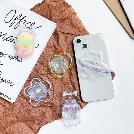 【お取り寄せ商品】iPhone グリップ 透明 アニマル 動物 花 かわいい 韓国 落下防止 L7610