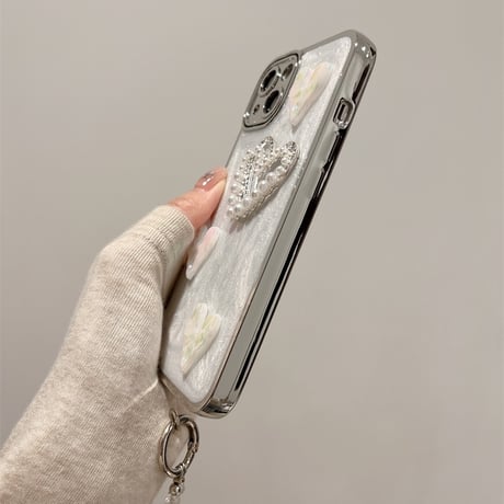 【お取り寄せ商品】iPhoneケース スマホケース iPhone15 iPhone14 ハンドストラップ付き ビーズチェーン 立体 ハート パール ペイント風 かわいい 韓国 L7929