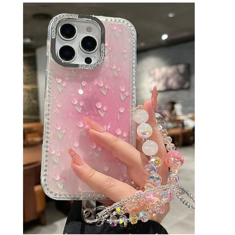 【お取り寄せ商品】iPhoneケース スマホケース iPhone16 iPhone15 iPhone14 可愛い ストーン ピンク 花柄 チューリップ デイジー L9523