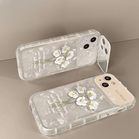 【お取り寄せ商品】iPhoneケース iPhone13 iPhone14 iPhone15 ケース フラワー レンズカバー ミラー付き ストラップ付き シェルシート かわいい レトロ L6783