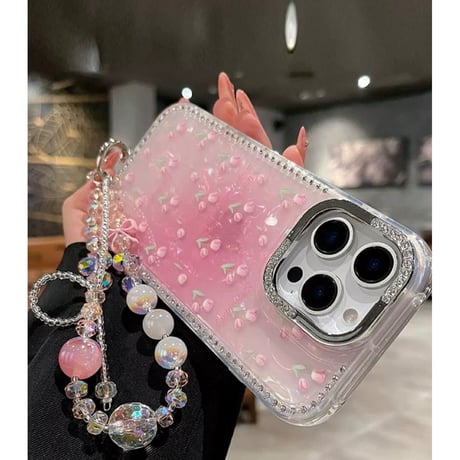 【お取り寄せ商品】iPhoneケース スマホケース iPhone16 iPhone15 iPhone14 可愛い ストーン ピンク 花柄 チューリップ デイジー L9523