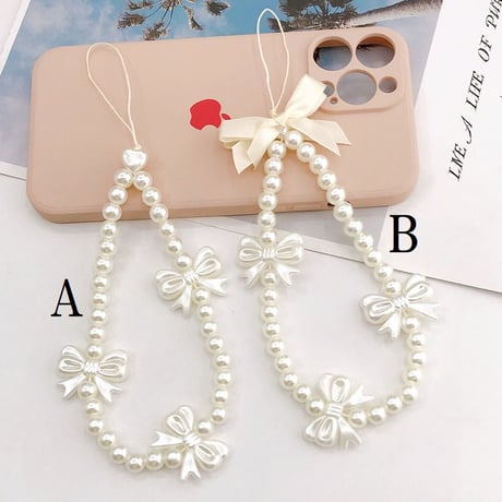 【お取り寄せ商品】iPhone スマホアクセサリー ストラップ スマホストラップ ビーズストラップ チャーム パール リボン かわいい ガーリー L7661