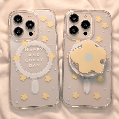 【お取り寄せ商品】iPhoneケース スマホケース iPhone15 iPhone14 グリップ付き スタンド フラワー 花 英字 透明 クリア 磁気 かわいい 韓国 L7421