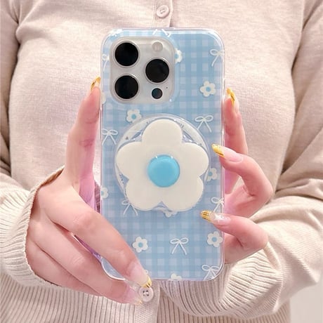 【お取り寄せ商品】iPhoneケース スマホケース iPhone16 iPhone15 iPhone14 可愛い チェック柄 グリップ デイジー お花 MagSafe L9507