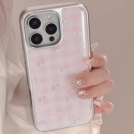 【お取り寄せ商品】iPhoneケース スマホケース iPhone16 iPhone15 iPhone14 可愛い ラブリー ピンク チェック柄 リボン L9504