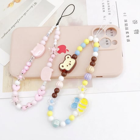 【お取り寄せ商品】iPhone スマホアクセサリー ストラップ スマホストラップ ビーズストラップ チャーム ネコ クマ ビーズ かわいい L7664