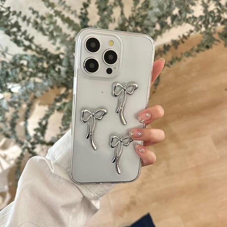 【お取り寄せ商品】iPhoneケース スマホケース iPhone15 iPhone14 立体 リボン メタル 透明 クリア シンプル かわいい 韓国 L7642