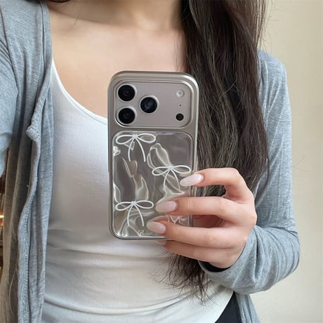 【お取り寄せ商品】iPhoneケース スマホケース iPhone17 iPhone16 iPhone15 リボン 大人可愛い おしゃれ 韓国 シルバー M7148